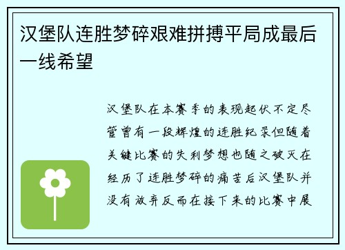 汉堡队连胜梦碎艰难拼搏平局成最后一线希望