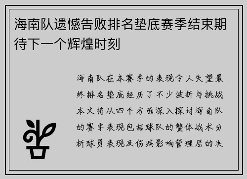 海南队遗憾告败排名垫底赛季结束期待下一个辉煌时刻