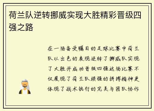 荷兰队逆转挪威实现大胜精彩晋级四强之路